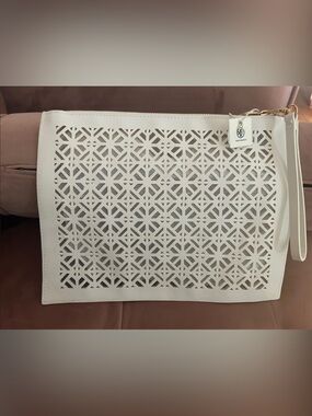 Tory Burch White Laser-Cut Wristlet Clutch with Gold Hardware